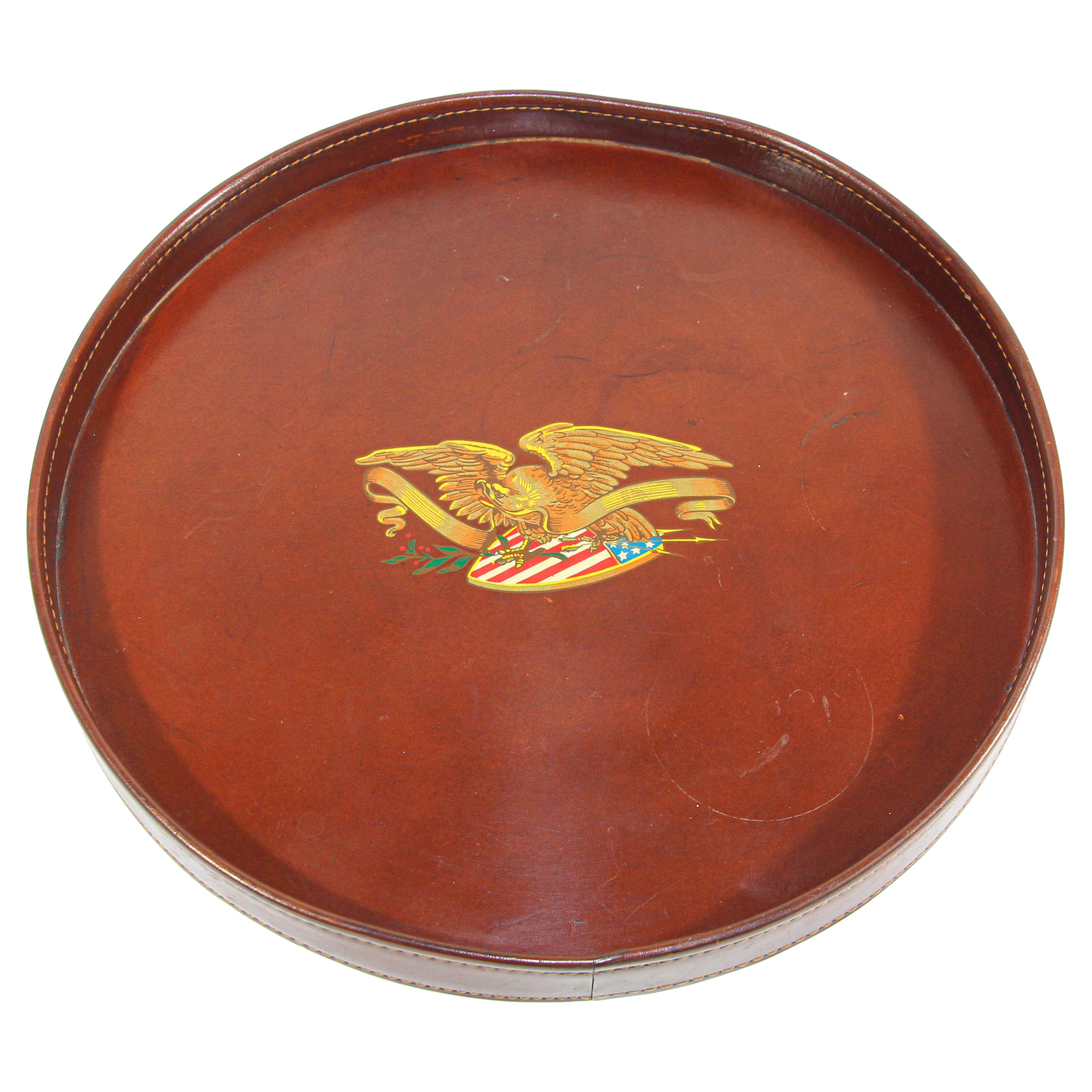 Vintage Round Brown Leather Tray with The American Bold Eagle and US Flag For Sale