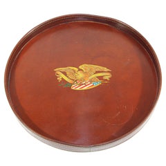 Vintage Round Brown Leather Tray with The American Bold Eagle and US Flag