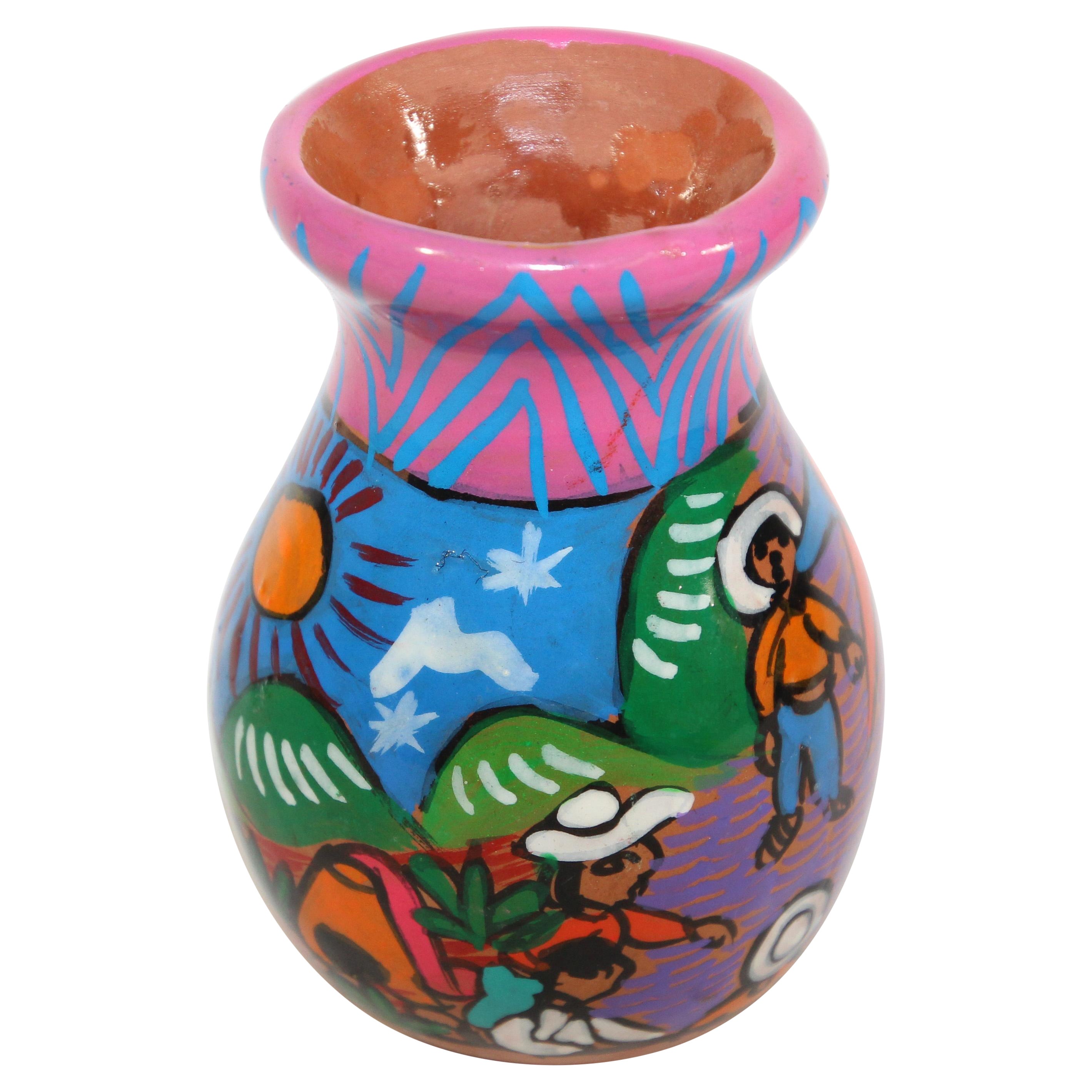 Small Hand Painted Mexican Pottery Vase For Sale