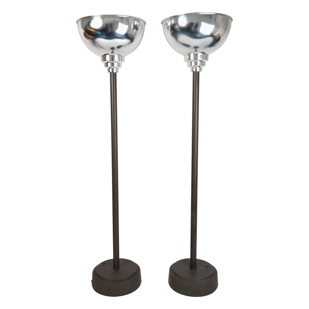 Pair Tall English Art Deco Chrome Uplighter Floor Lamps For Sale