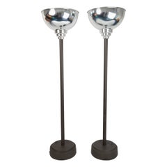 Pair Tall English Art Deco Chrome Uplighter Floor Lamps