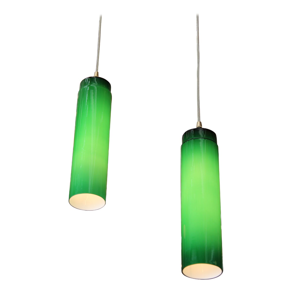 Pair of Green Cased Glass Pendants, Made in France For Sale