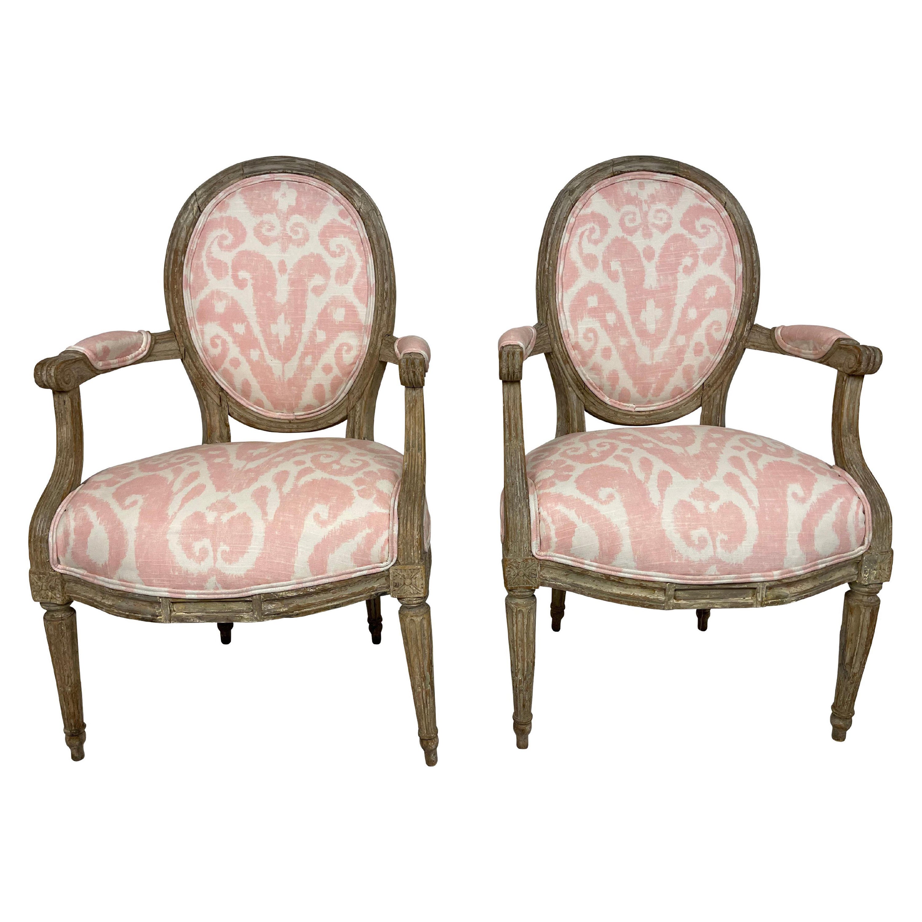 French Louis XVI Style Pair of Grey Painted Armchairs in Pink Ikat Fabric