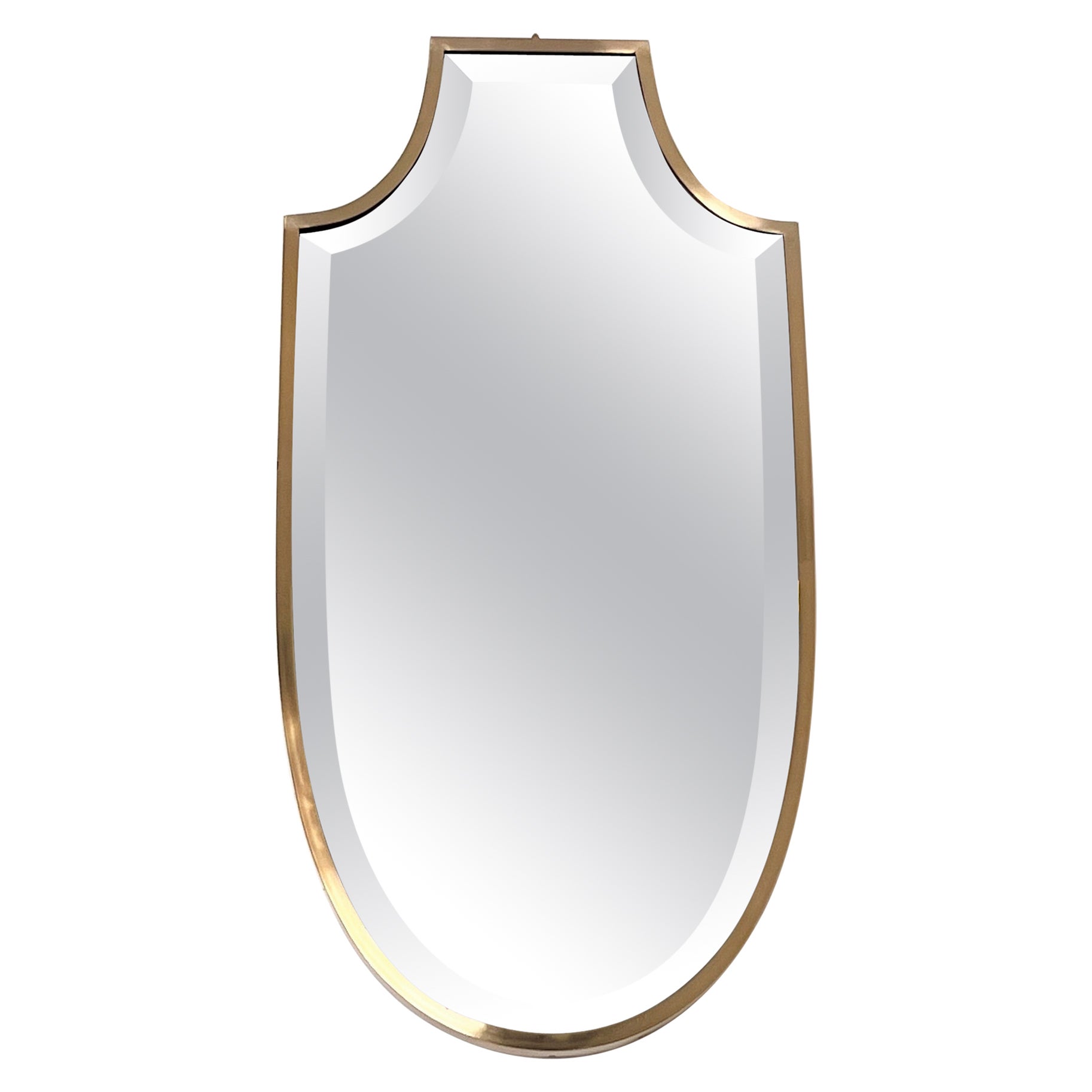 Italian MidCentury Shield Wall Mirror with Cut Glass and Thick Brass Frame, 1970