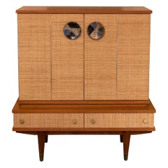 1960's French Bar Cabinet Walnut and Rattan, Gio Ponti Style Decorative Handles