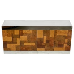 Patchwork Burl and Chrome Credenza in the Manner of Paul Evans