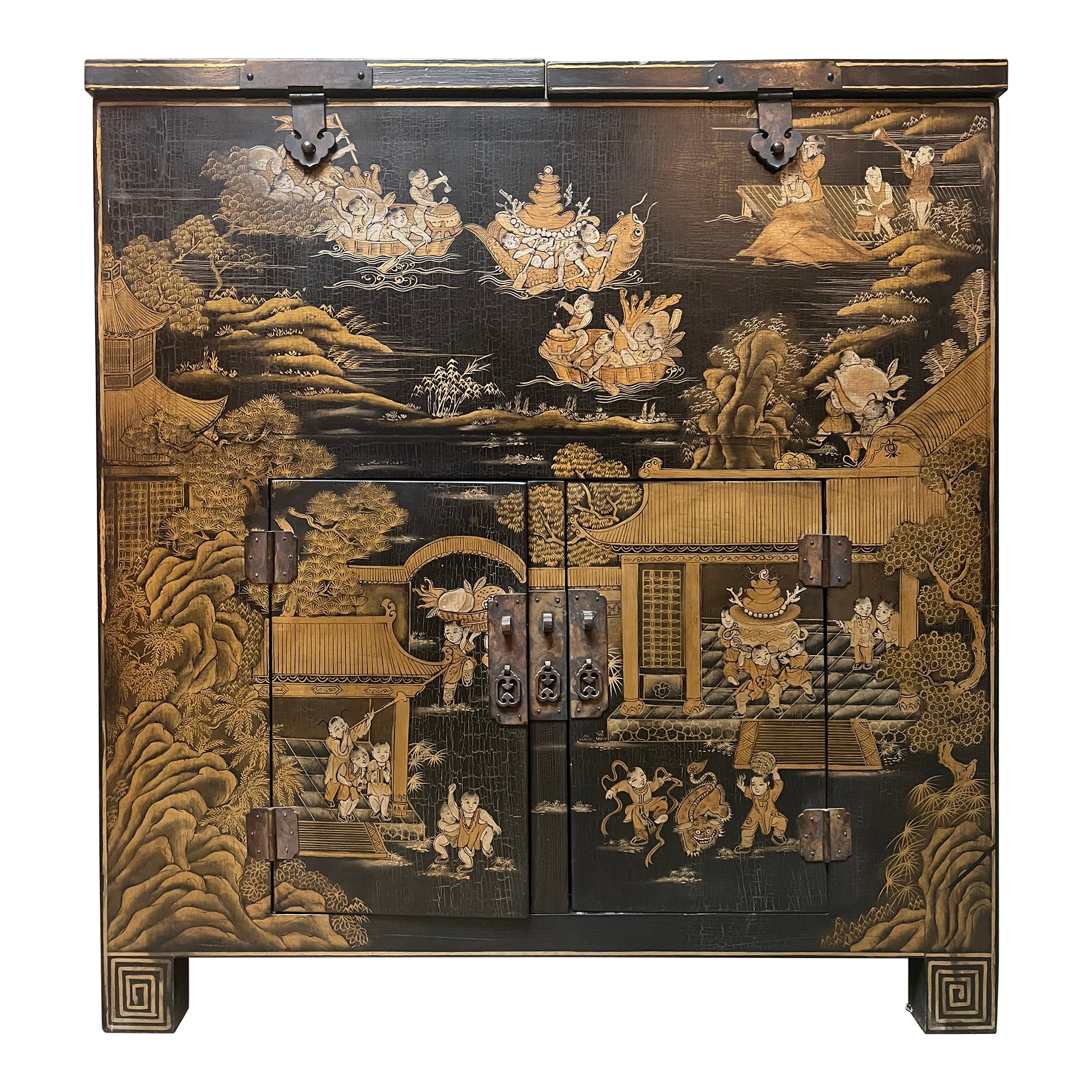 Chinese Money Chest in Black Lacquer and Gilt Decoration