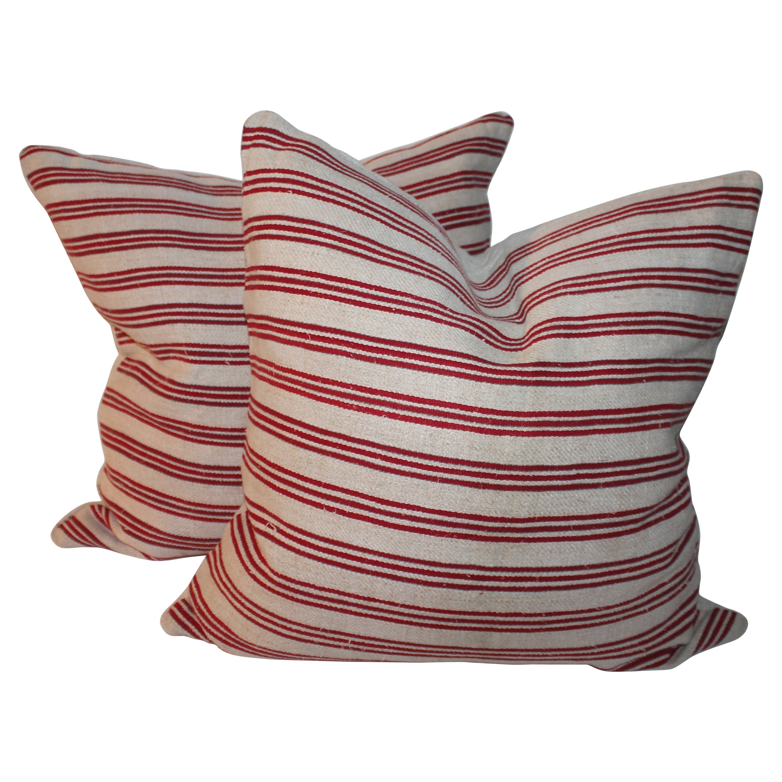 Pair of Vintage Textile Ticking Pillows For Sale