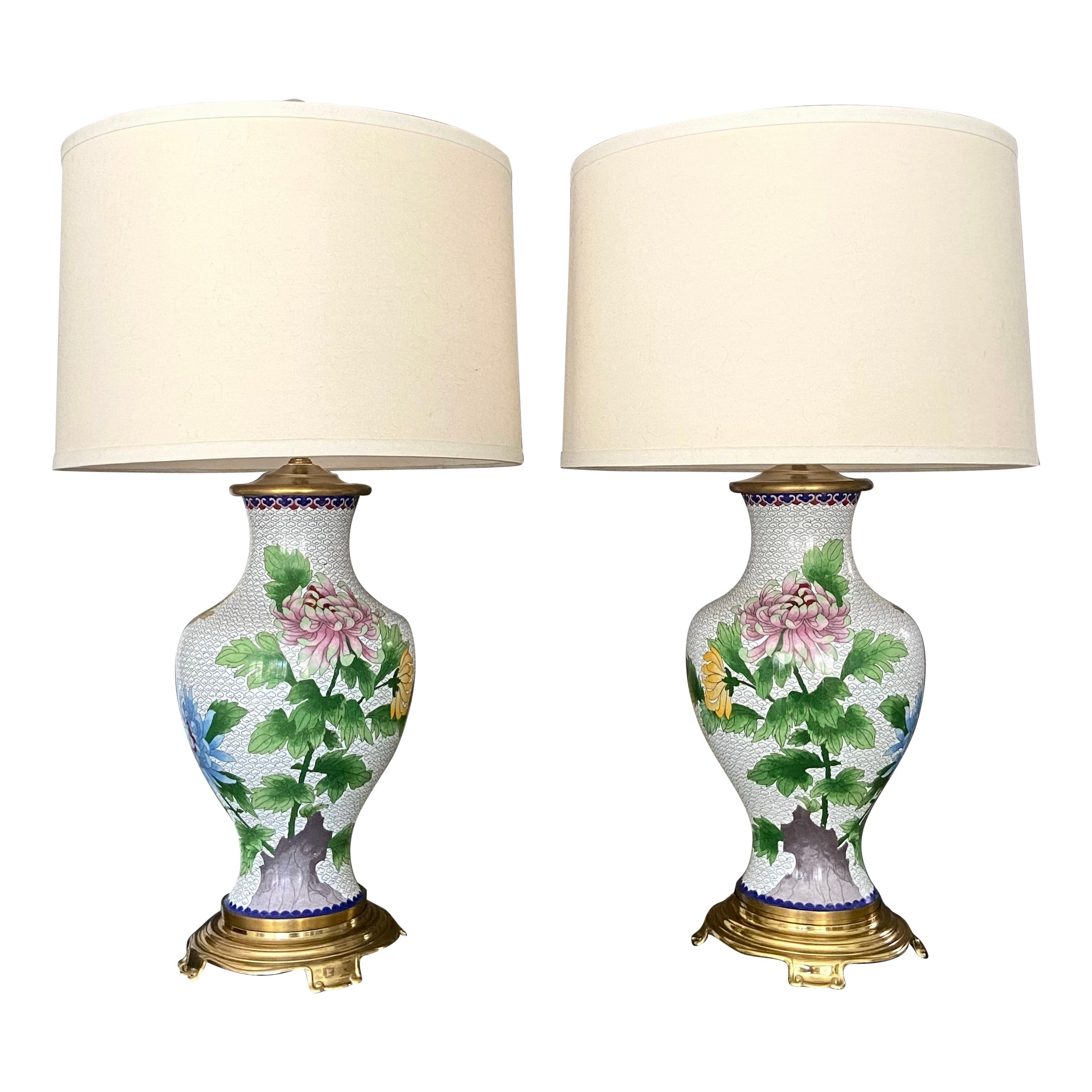 Pair Chinese Cloisonné Floral Table Lamps For Sale