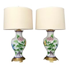 Vintage Pair Chinese Cloisonné Floral Table Lamps