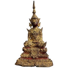 Antique Thai Siam Bronze Gilt Rattanakosin Kingdom Seated Temple Shrine Buddha, 1800s