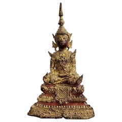 Thai Siam Buda de bronce dorado del templo sagrado del reino de Rattanakosin sentado, 1800s
