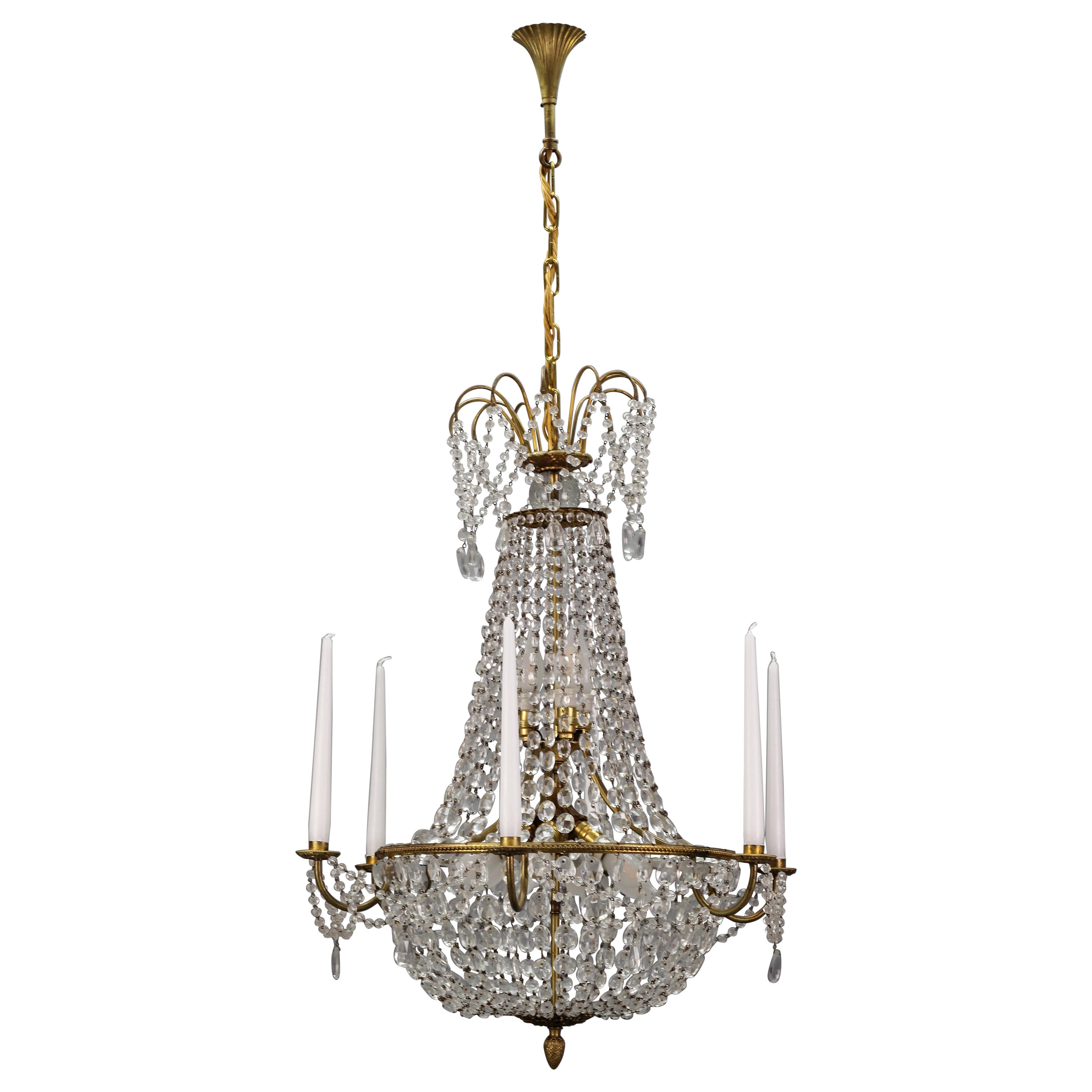 French Louis XVI Style Brass and Crystal Basket Nine-Light Chandelier For Sale
