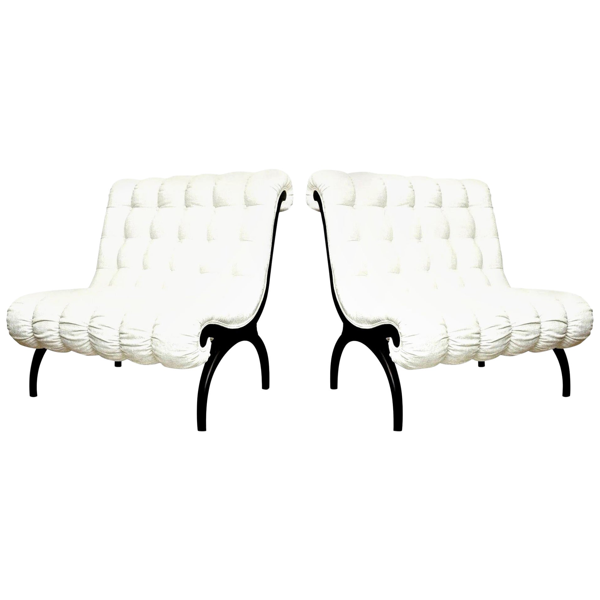Vintage Grosfeld House Rare Wood Upholstered Lounge Chairs or Mini Settees Pair For Sale