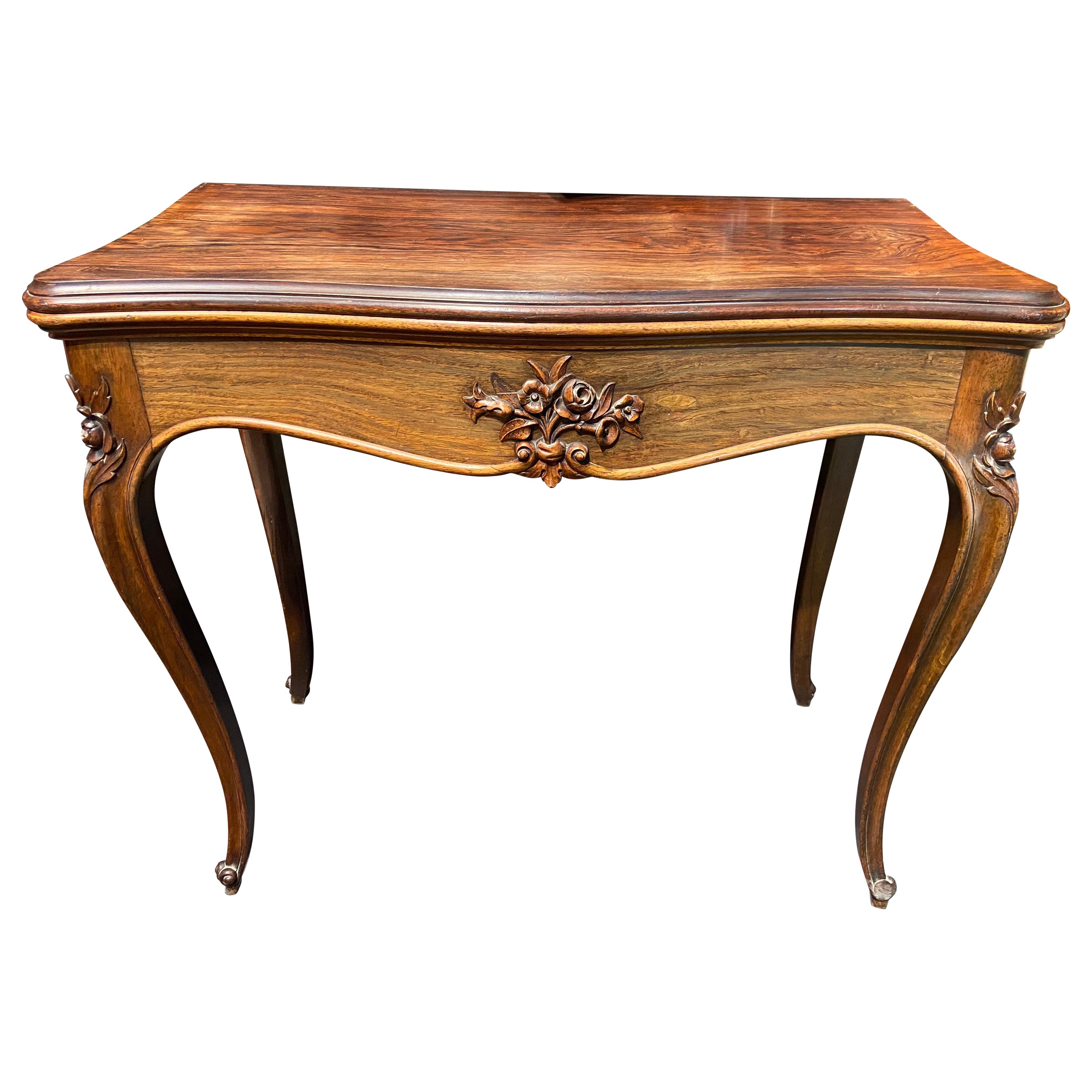 19th Century French Walnut Hand Carved Square Card Table in Louis XV Style For Sale