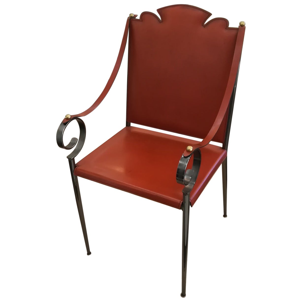 Armchair in Leather and Metal in the Taste of Poillerat For Sale