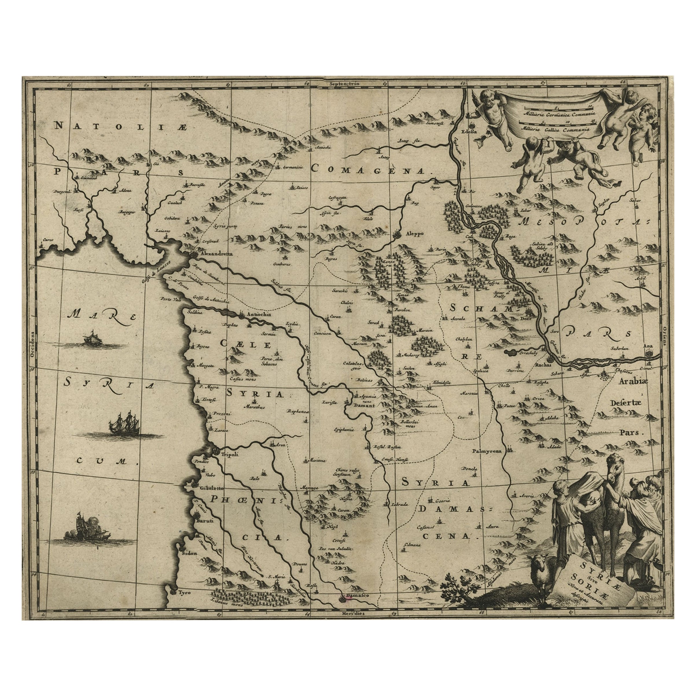 Gravure originale en cuivre d'une carte de la Syrie et du Liban, 1698