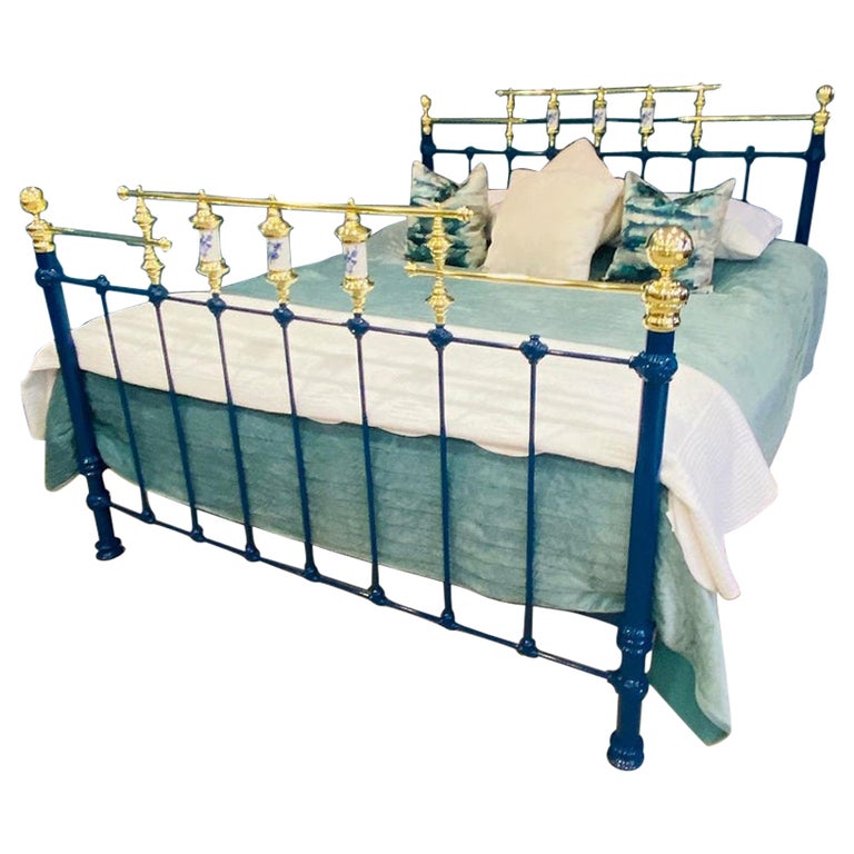 Superking, Vintage Blue Brass Bed For Sale at 1stDibs