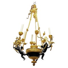 French Louis XVI Style Patinated Bronze Six-Light Putti Motif Chandelier