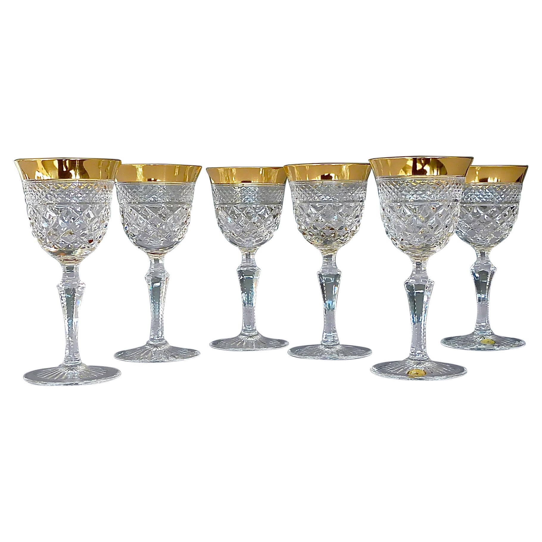 6 verres à vin précieux Moser Josephinenhuette à tige facettée en cristal doré en vente