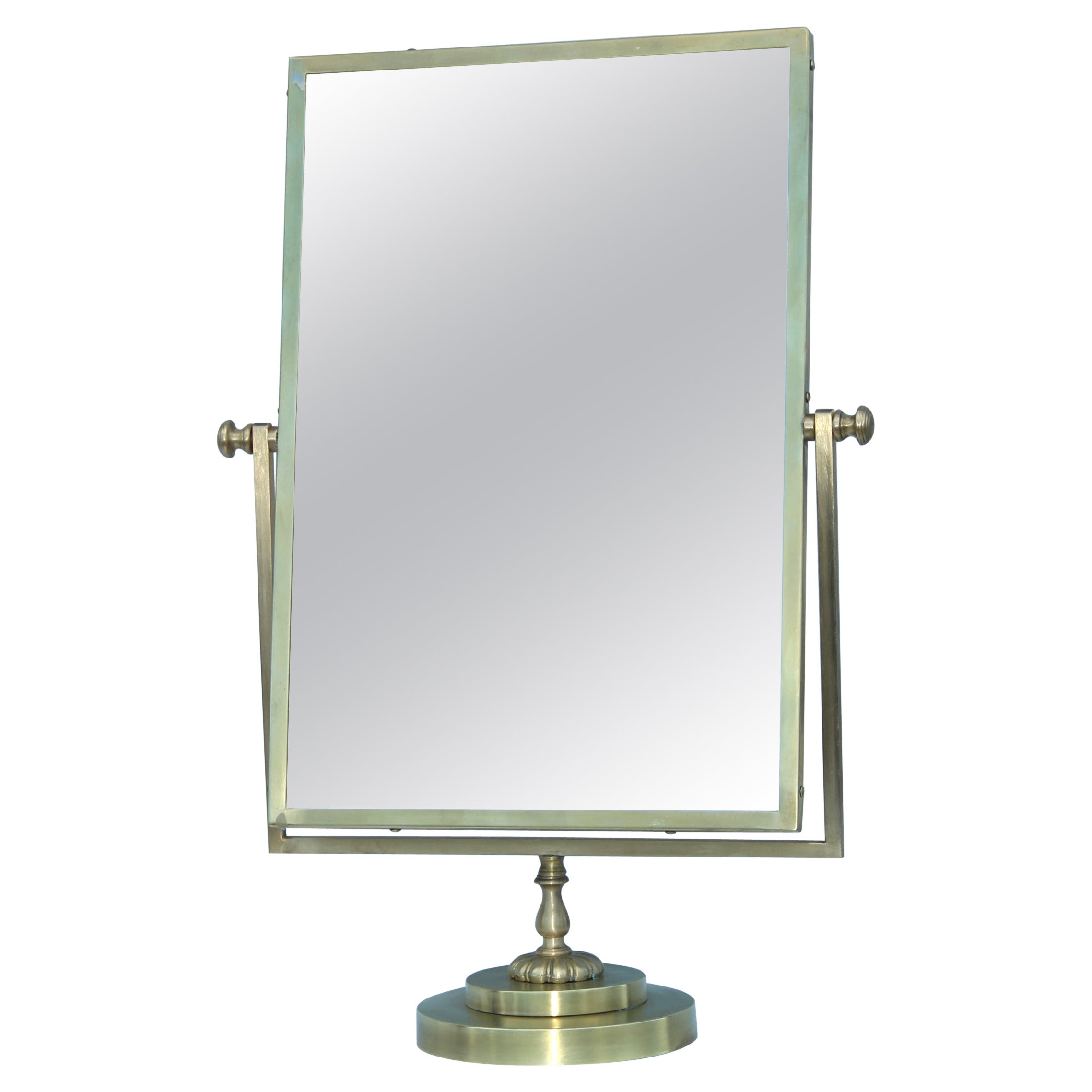 Rare French Brevete LB Wood Brass Trifold Wall Vanity Mirror For Sale at 1stDibs