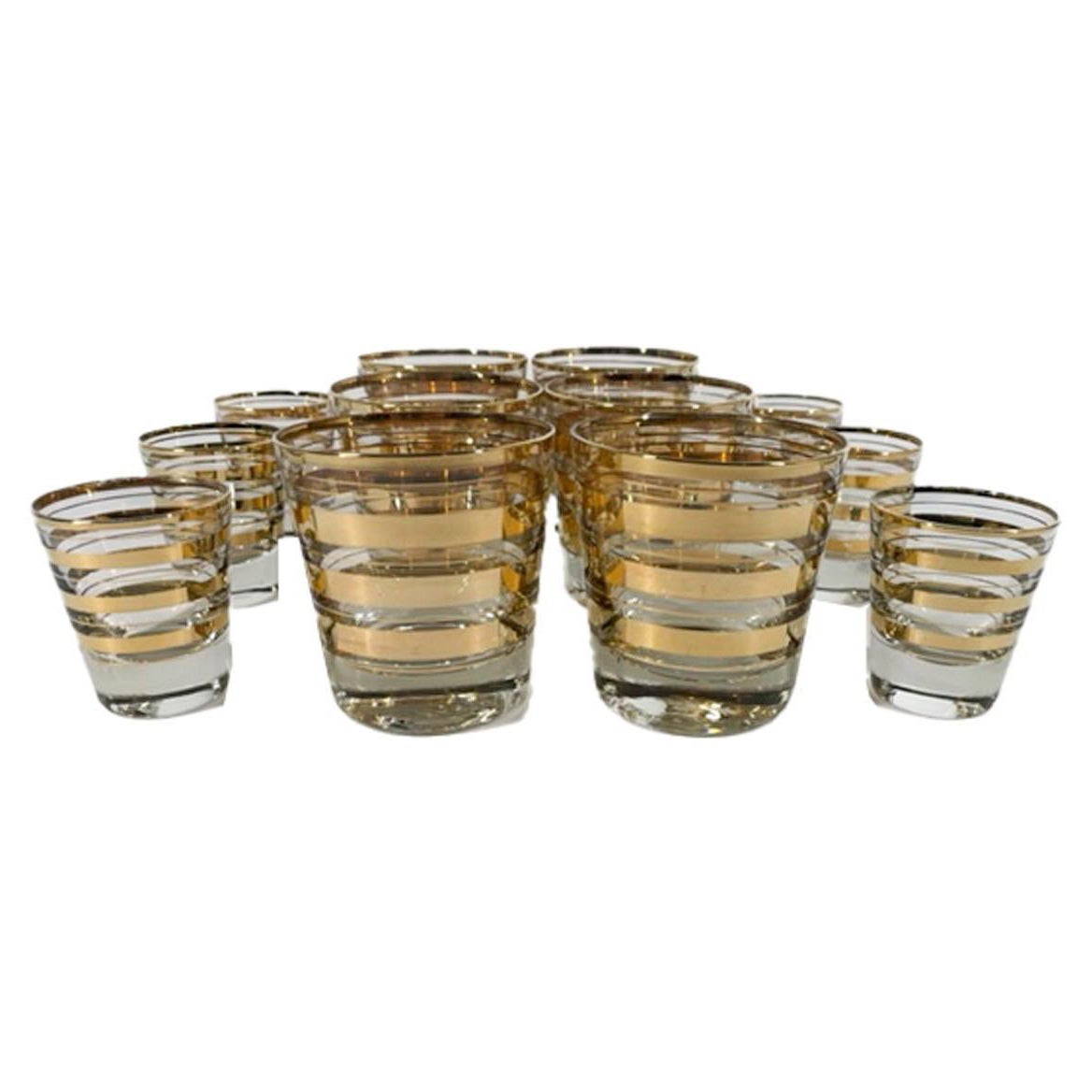 Art Deco 22k Gold Band Cocktail Glasses, 6 Old Fashioned Glasses, 6 Shot Glasses For Sale