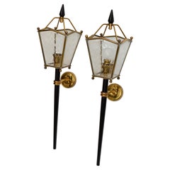 Pair, Jacques Adnet Style Medium Size Sconces Lantern Wall Lamps France 1960