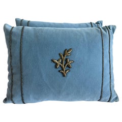 Pair of Petite Custom Appliqued Blue Velvet Pillows