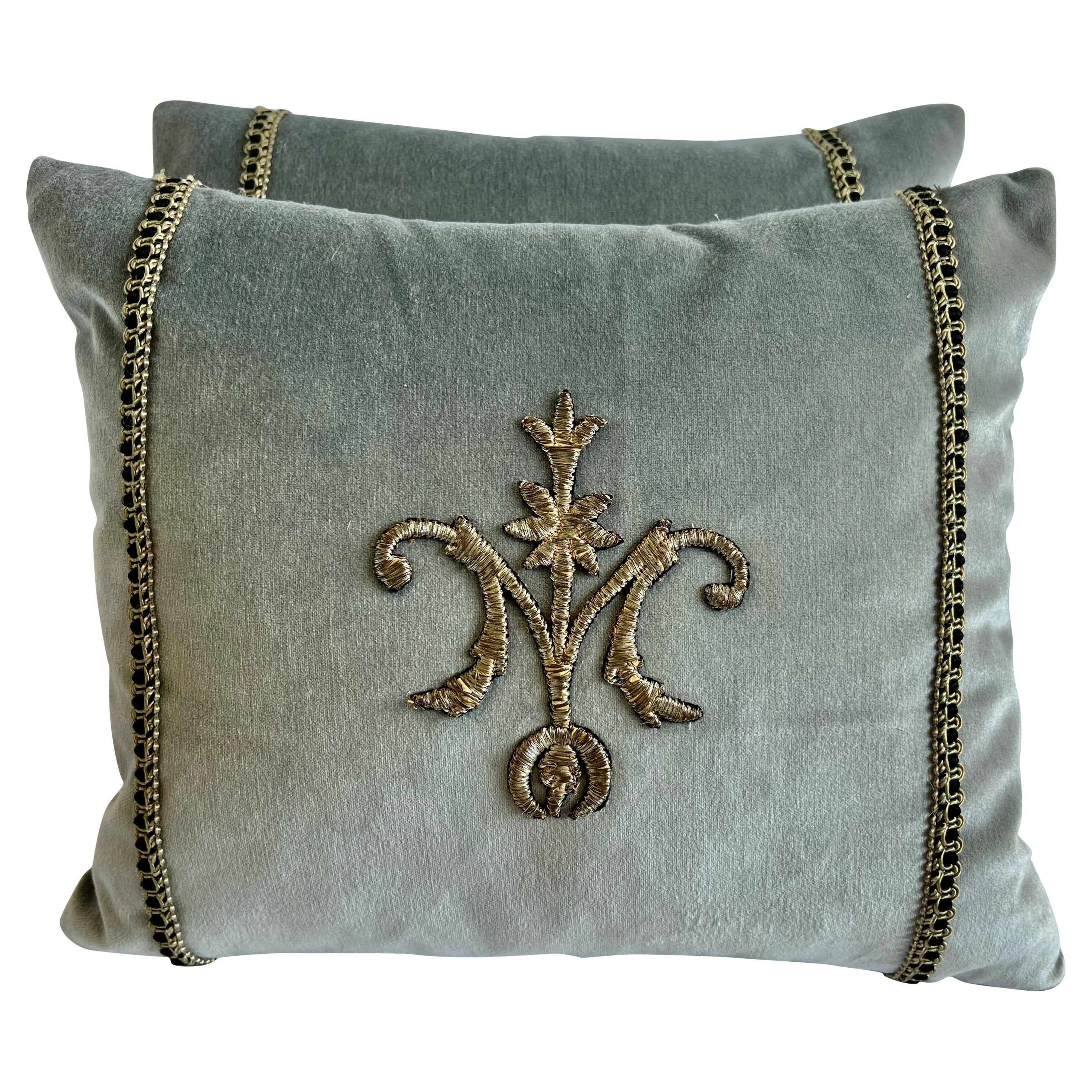 Pair of Metallic Floral Appliqued Velvet Pillows by Melissa Levinson at