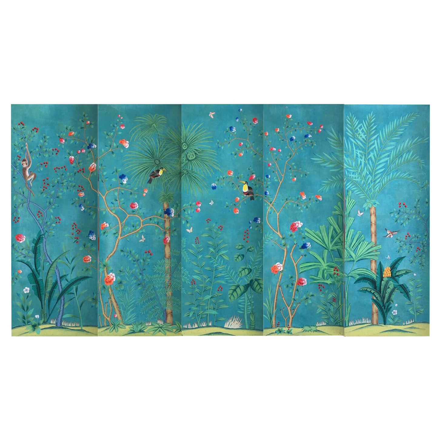 Palm Tree Chinoiserie Wallpaper Hand Painted Wallpaper on EDO Silk /Panel For Sale