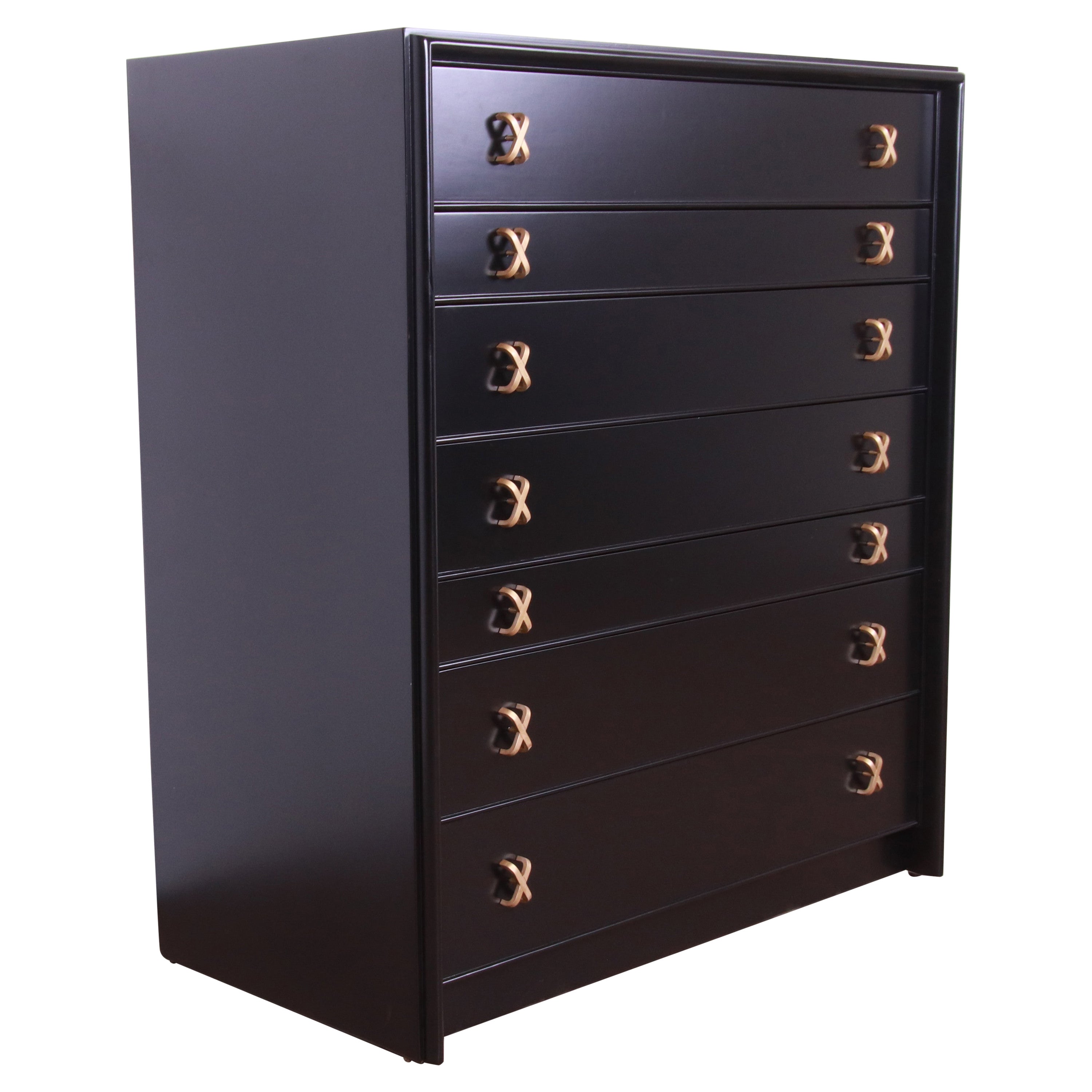 Paul Frankl for Johnson Furniture Black Lacquered Highboy Dresser, Refinished
