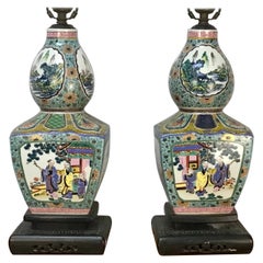 Pair 19th Century Famille Verte Chinese Porcelain Lamps