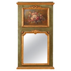 Large Antique French Parcel Gilt Trumeau Wall Mirror with Floral Reserve, 18th C