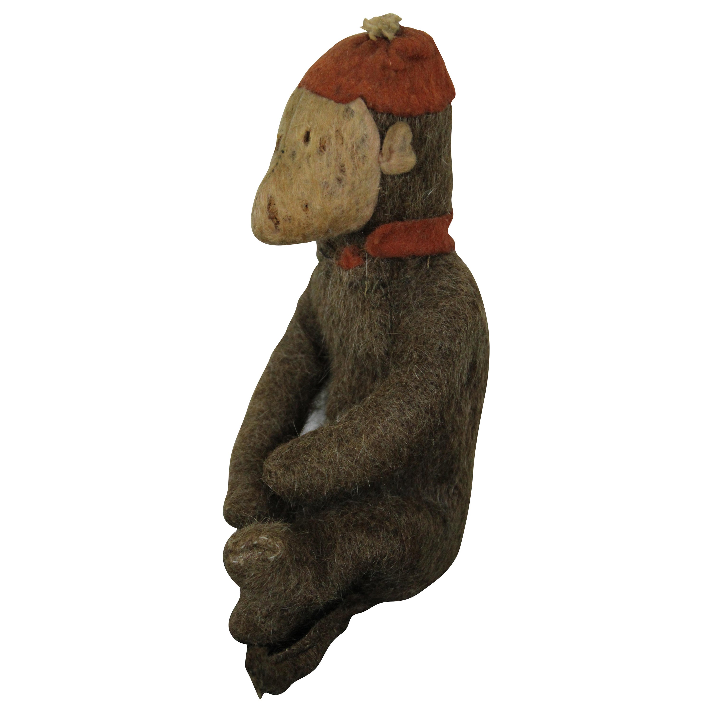 Antique Primitive Folk Art Mohair Stuffed Monkey Toy Doll Red Hat Scarf