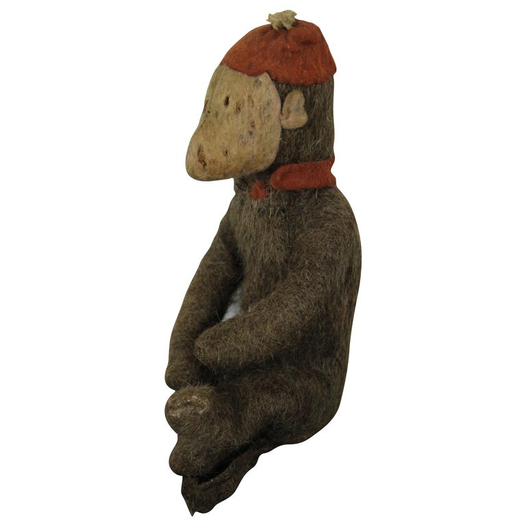 Antique Primitive Folk Art Mohair Stuffed Monkey Toy Doll Red Hat Scarf For  Sale at 1stDibs | monkey with red hat, primitive stuffed animals