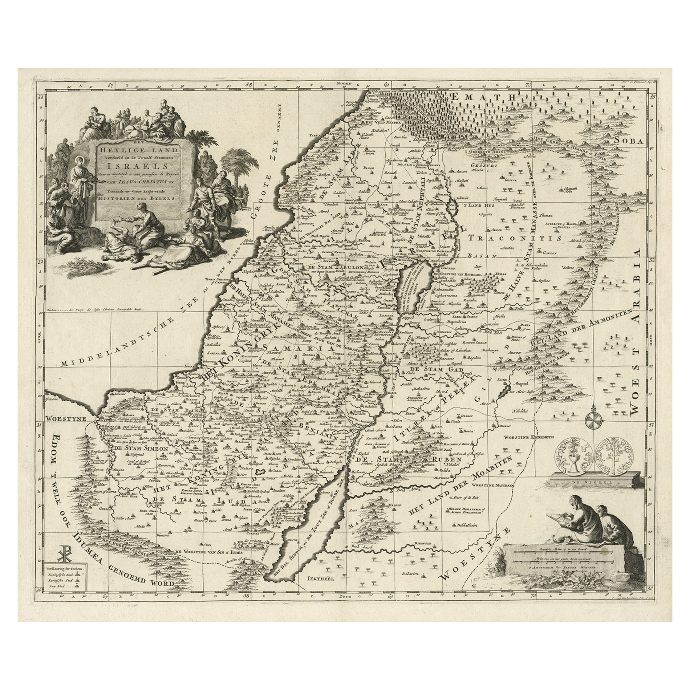 Highly Detailed Antique Map of the Holy Land Showing 12 Tribes of Israel, c.1720 For Sale