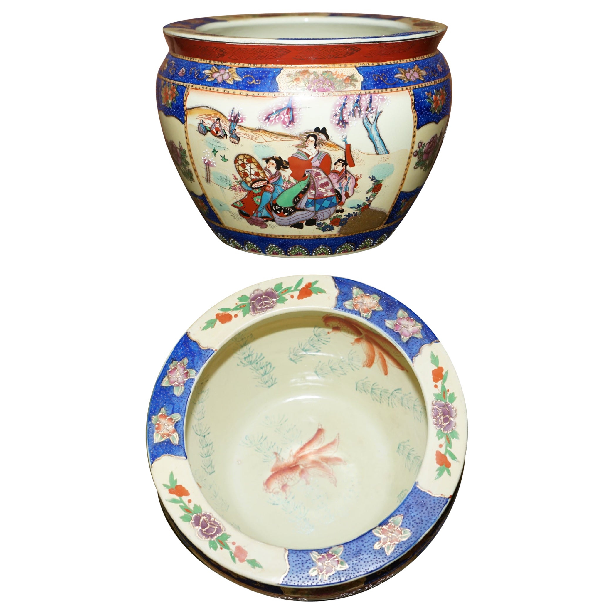 Große chinesische Satsuma Moriage Geishas Koi-Fisch-Schale, Vintage, dekorativ im Angebot