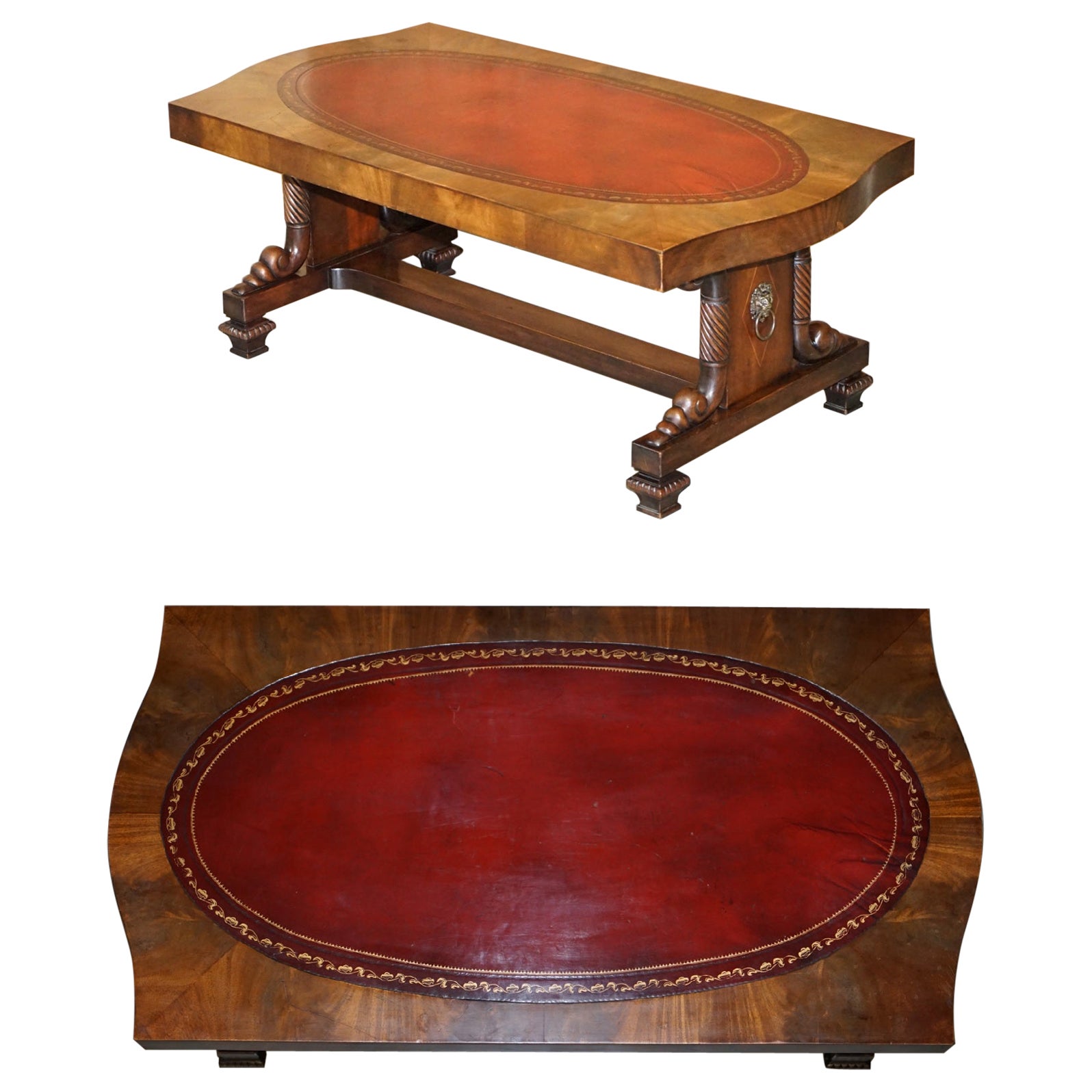 Regency Style Lions Head Handle Oxblood Leather & Walnut Coffee Occasional Table For Sale