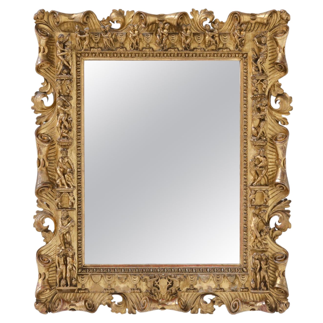 Gilt Wood Canvas Antique Mirror, French Louis XV-Style, 19th Century For Sale