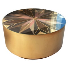 "Radiant Star"  Round Brushed Brass Coffee Table with Metallic Marquetry Top