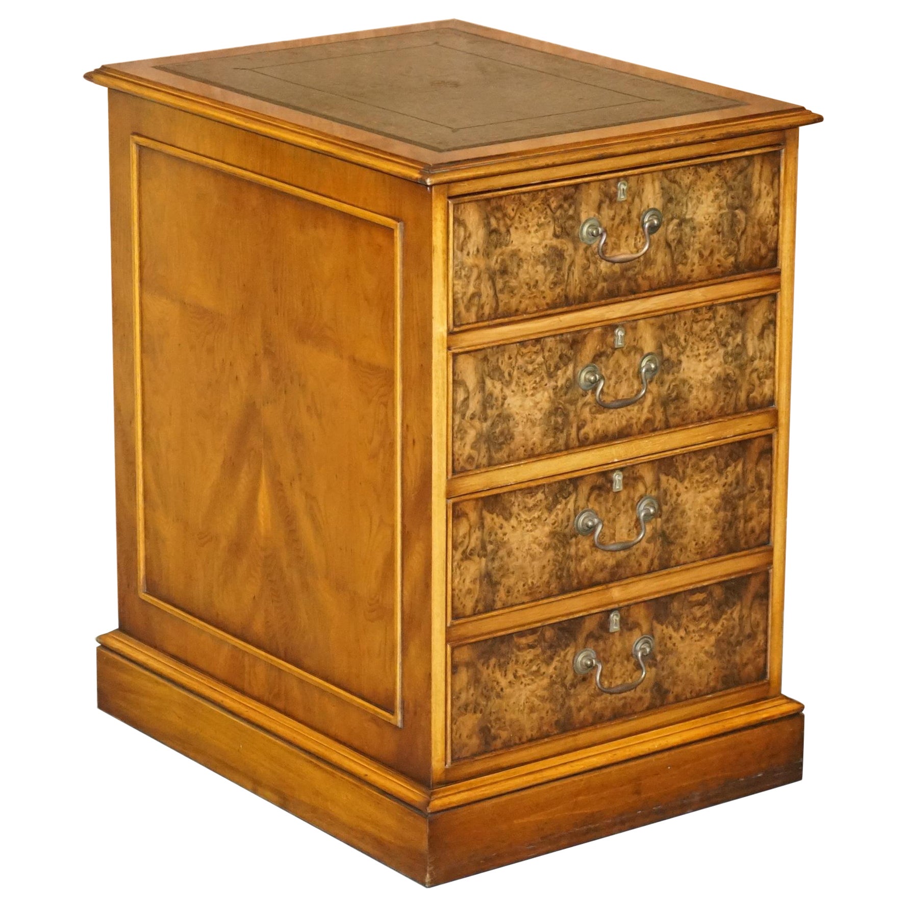 Stunning Burr Walnut Office Filing Cabinet with Nice Green Gold Leaf Leather Top