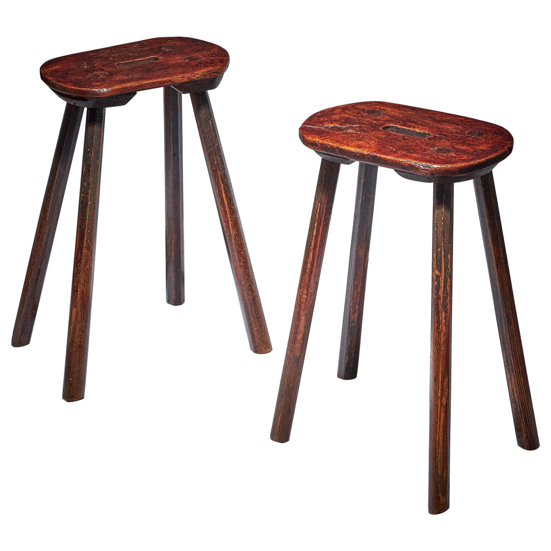 Rare Pair of 18th Century Vernacular Provincial Primitive Country Elm Stools For Sale