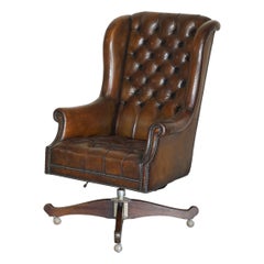 Large Antique Chesterfield Leather Wingback Captains Directors Swivel Armchair