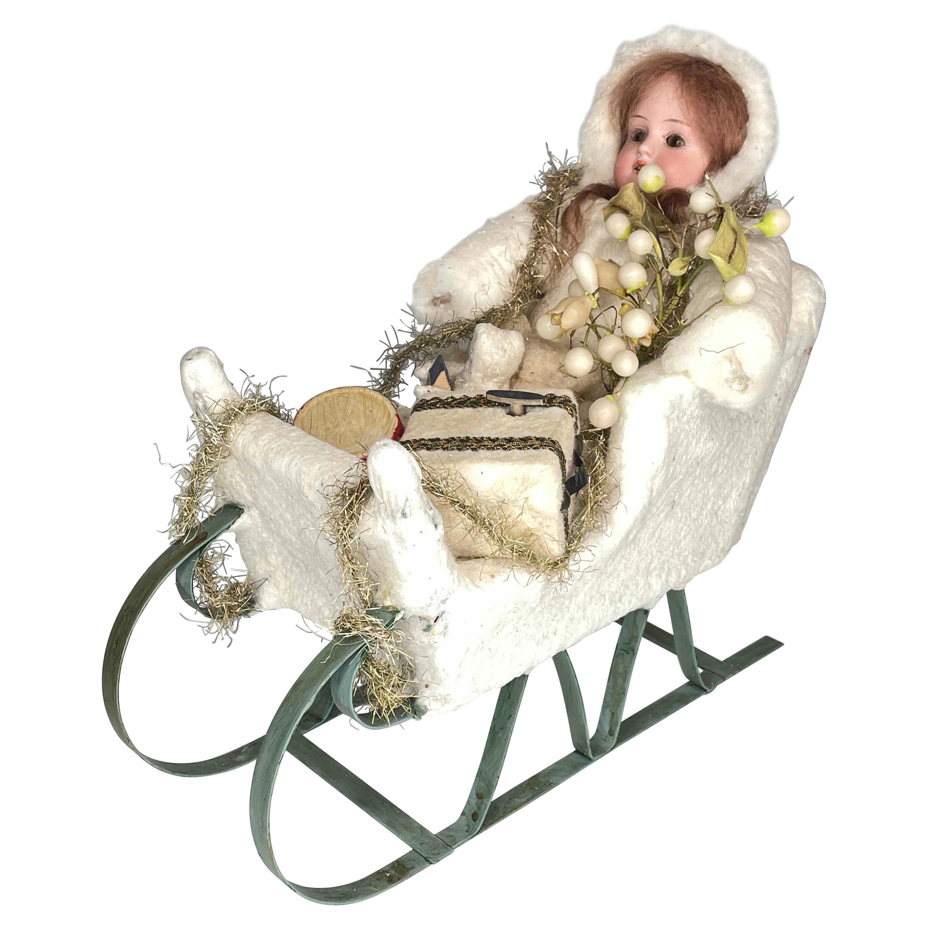 Antique German Christmas Scene Doll in Sled, with Music Box, 1900s For Sale