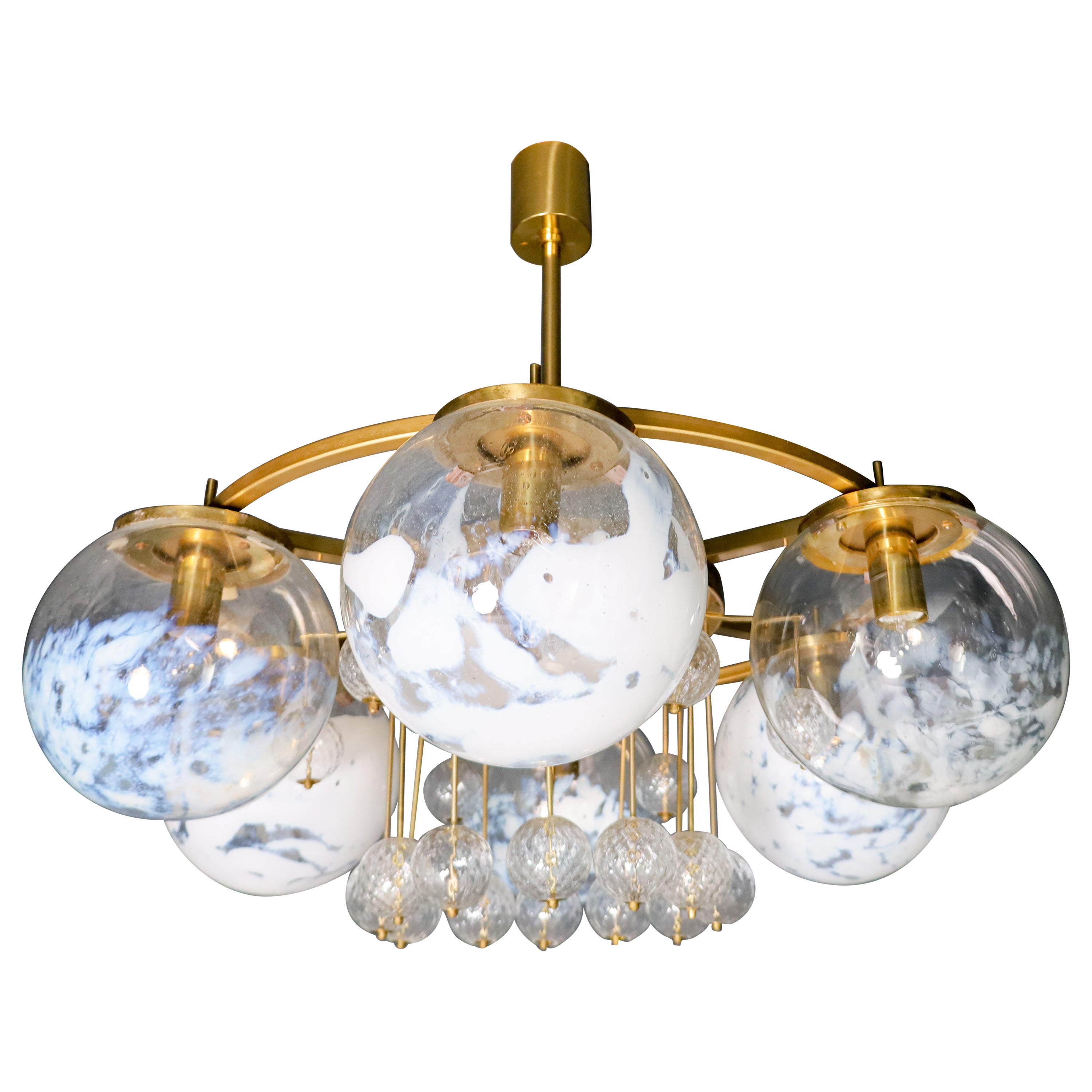 Large Hotel Chandelier in Brass and Hand Blown Glass 1950s
