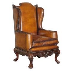 Stunning Heavily Carved Base Frame Hand Dyed Brown Leather Wingback Armchair