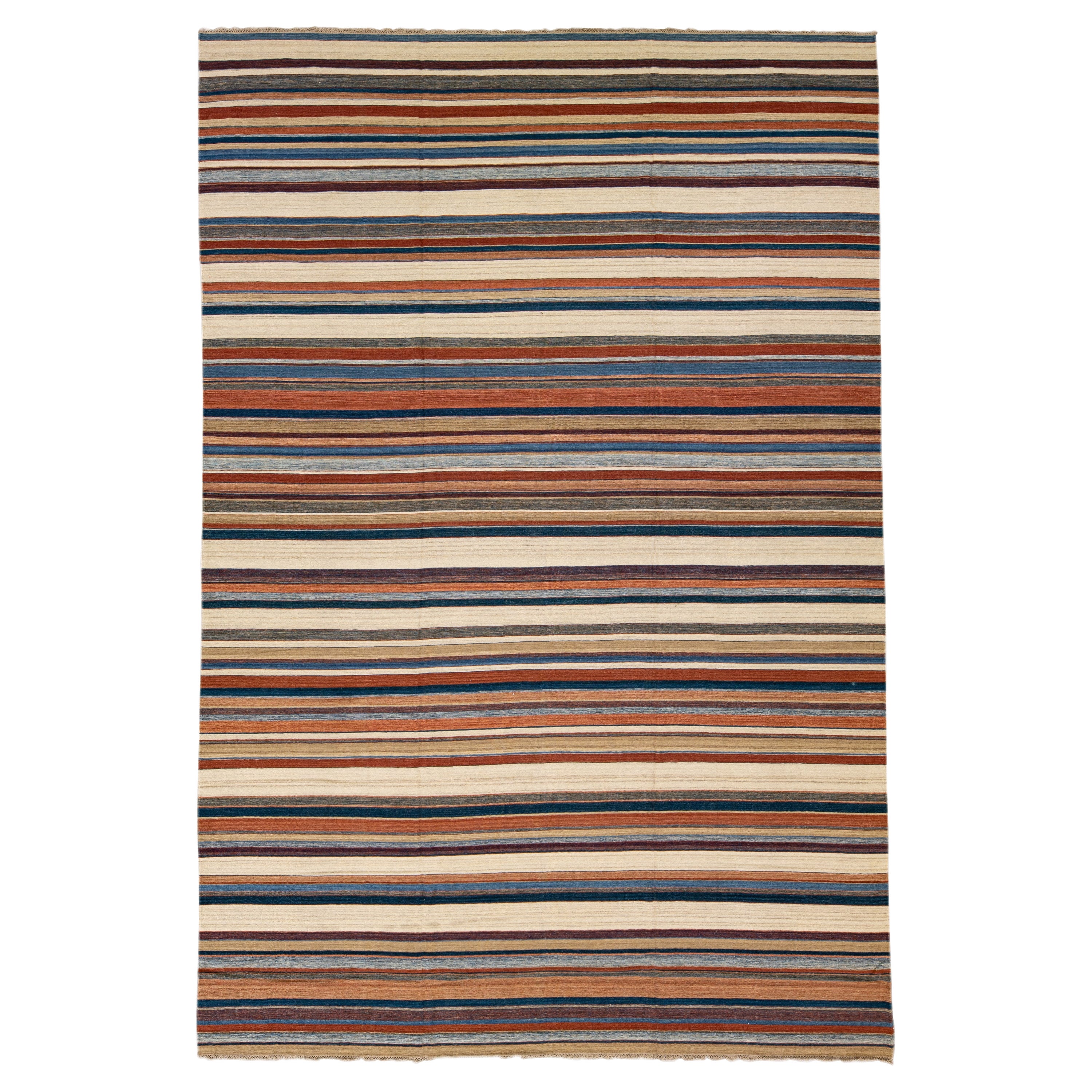 Modern Oversize Kilim Handmade Earthy Tones Striped Pattern Wool Rug For Sale
