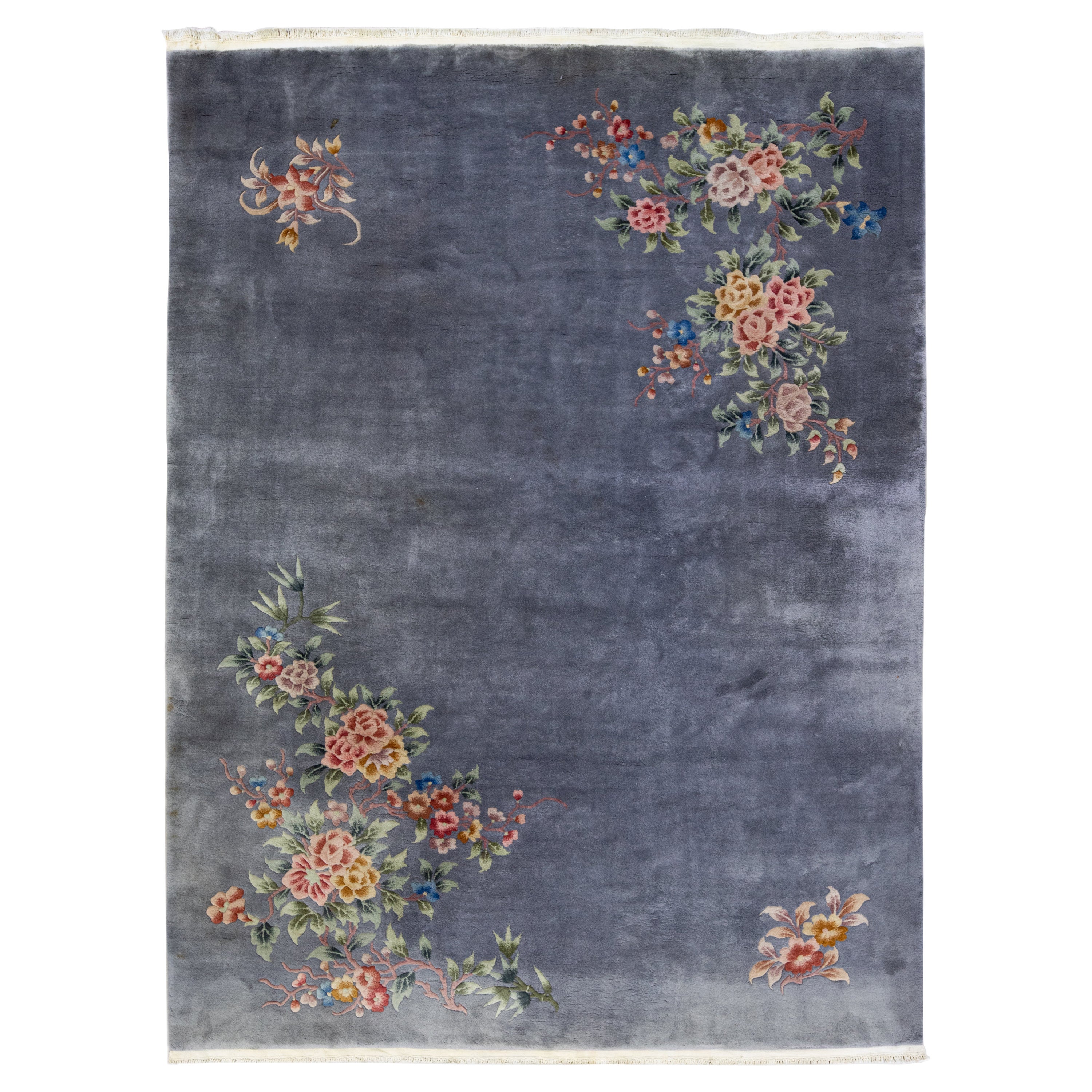 Gray Antique Art Deco Chinese Handmade Floral Wool Rug For Sale
