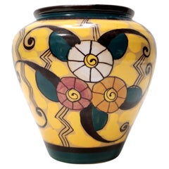 Antique Futurist Yellow Glazed Earthenware Vase with Floral Motifs, Italy