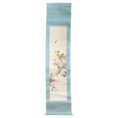 Japanese Old Bluebird and Roses Silk Scroll, Signed